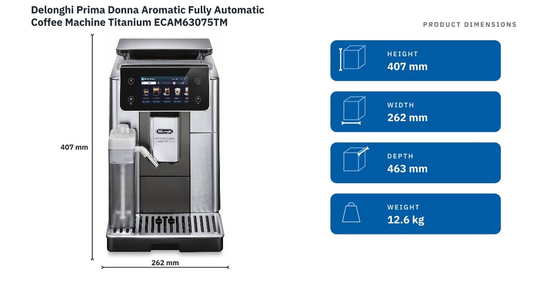 Delonghi Prima Donna Aromatic Fully Automatic Coffee Machine Titanium ECAM63075TM — product dimensions