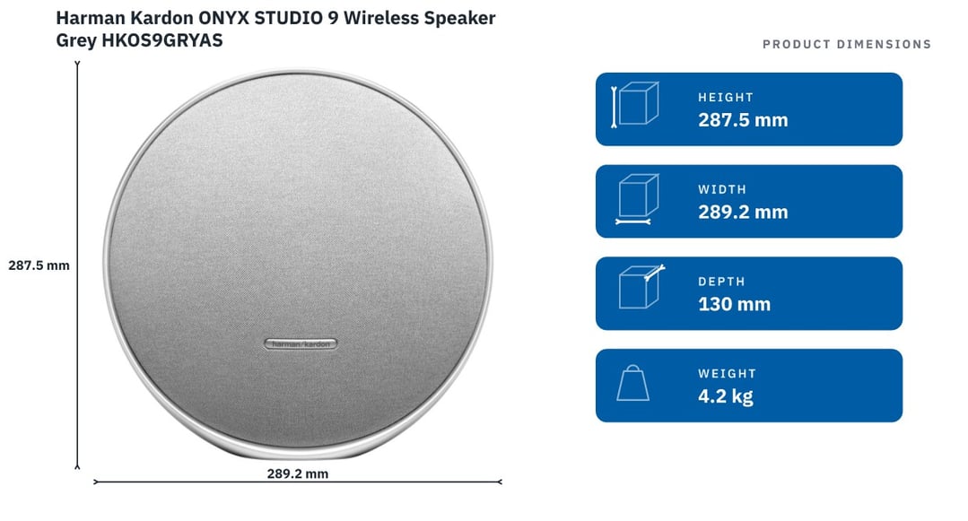 Harman Kardon ONYX STUDIO 9 Wireless Speaker Grey HKOS9GRYAS — product dimensions