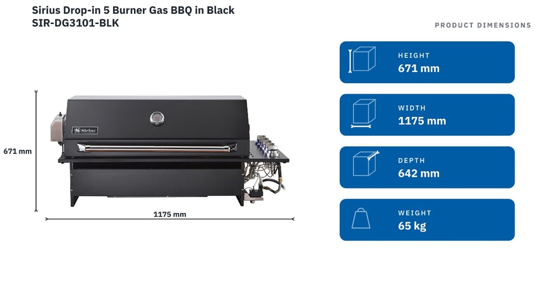 Sirius Drop-in 5 Burner Gas BBQ in Black SIR-DG3101-BLK — product dimensions
