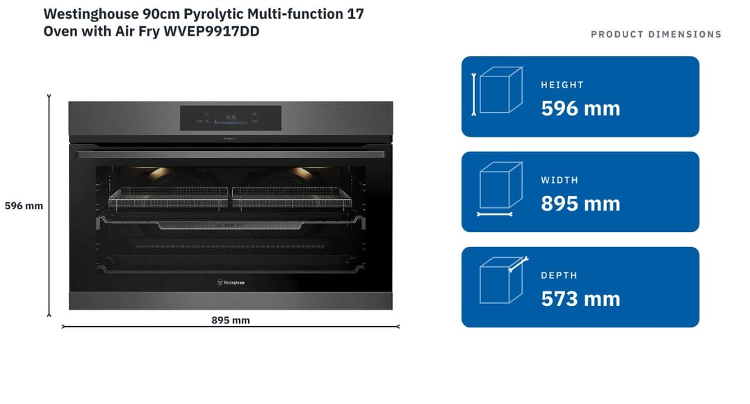Westinghouse 90cm Pyrolytic Multi-function 17 Oven with Air Fry WVEP9917DD — product dimensions