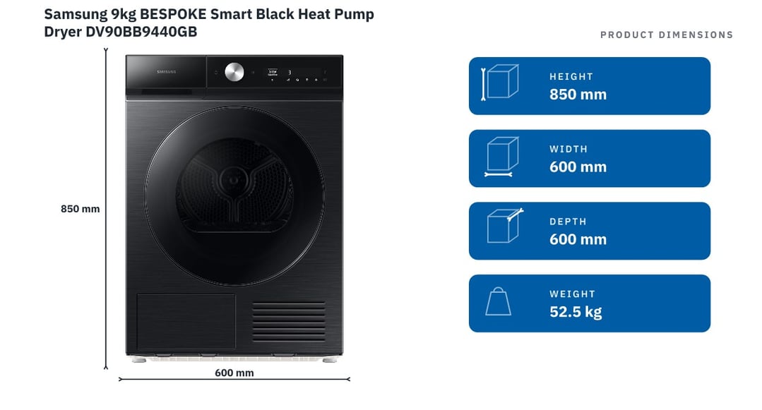 Samsung 9kg BESPOKE Smart Black Heat Pump Dryer DV90BB9440GB — product dimensions