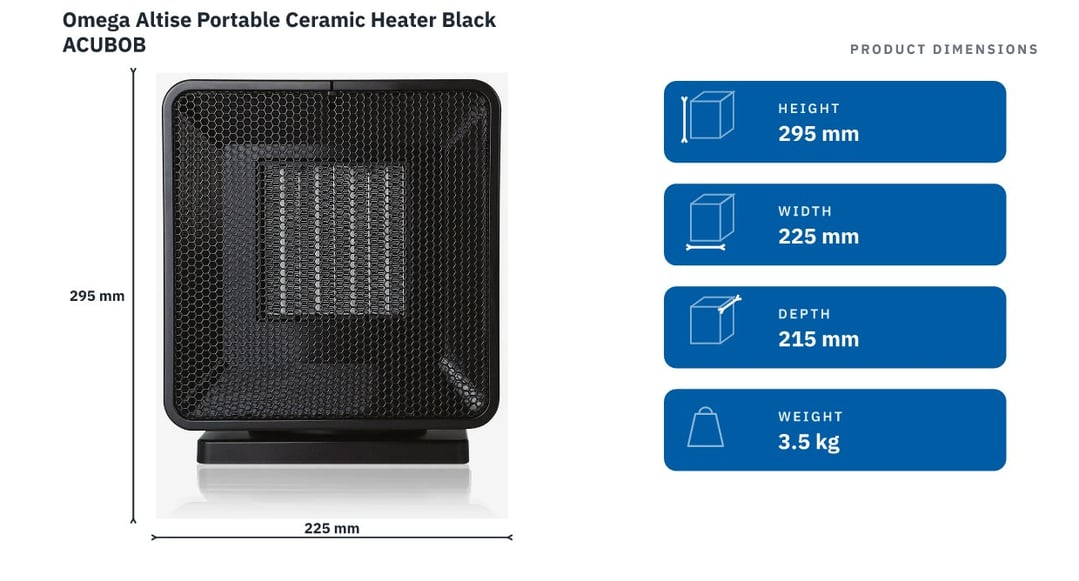 Omega Altise Portable Ceramic Heater Black ACUBOB — product dimensions