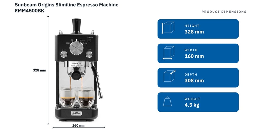Sunbeam Origins Slimiline Espresso Machine EMM4500BK — product dimensions