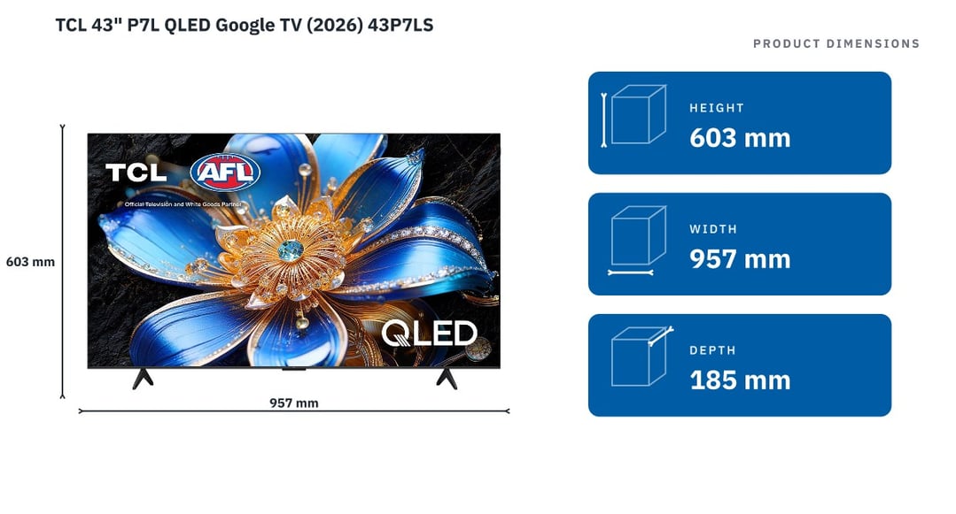 TCL 43" P7L QLED Google TV (2026) 43P7LS — product dimensions