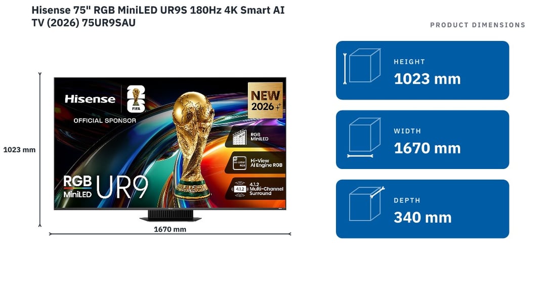 Hisense 75" RGB MiniLED UR9S 180Hz 4K Smart AI TV (2026) 75UR9SAU — product dimensions