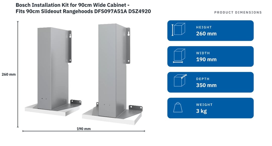 Bosch Installation Kit for 90cm Wide Cabinet - Fits 90cm Slideout Rangehoods DFS097A51A DSZ4920 — product dimensions