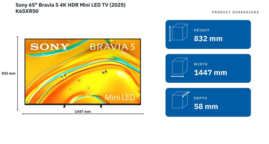 Sony 65" Bravia 5 4K HDR Mini LED TV (2025) K65XR50 — product dimensions