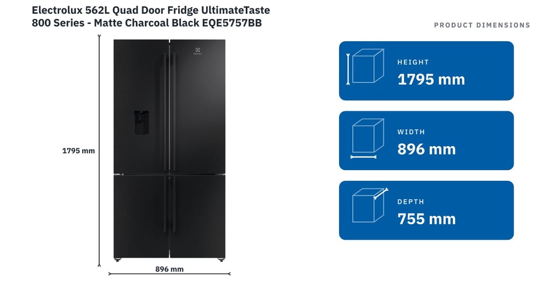 Electrolux 562L Quad Door Fridge UltimateTaste 800 Series - Matte Charcoal Black EQE5757BB