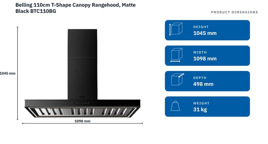 Belling 110cm T-Shape Canopy Rangehood, Matte Black BTC110BG — product dimensions