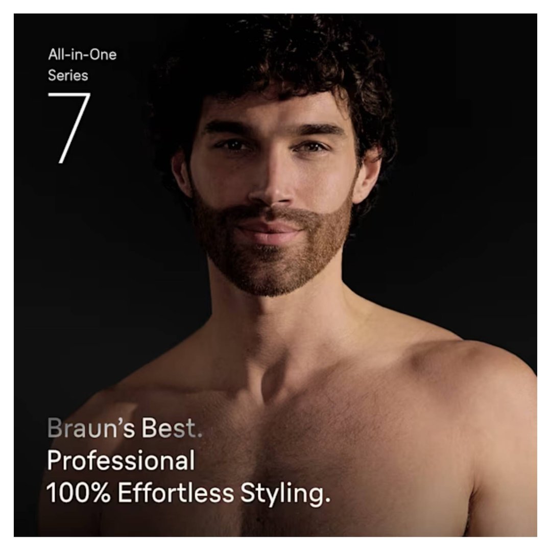 Man with a beard, advertising the Braun All-in-One Series 7 Beard Trimmer