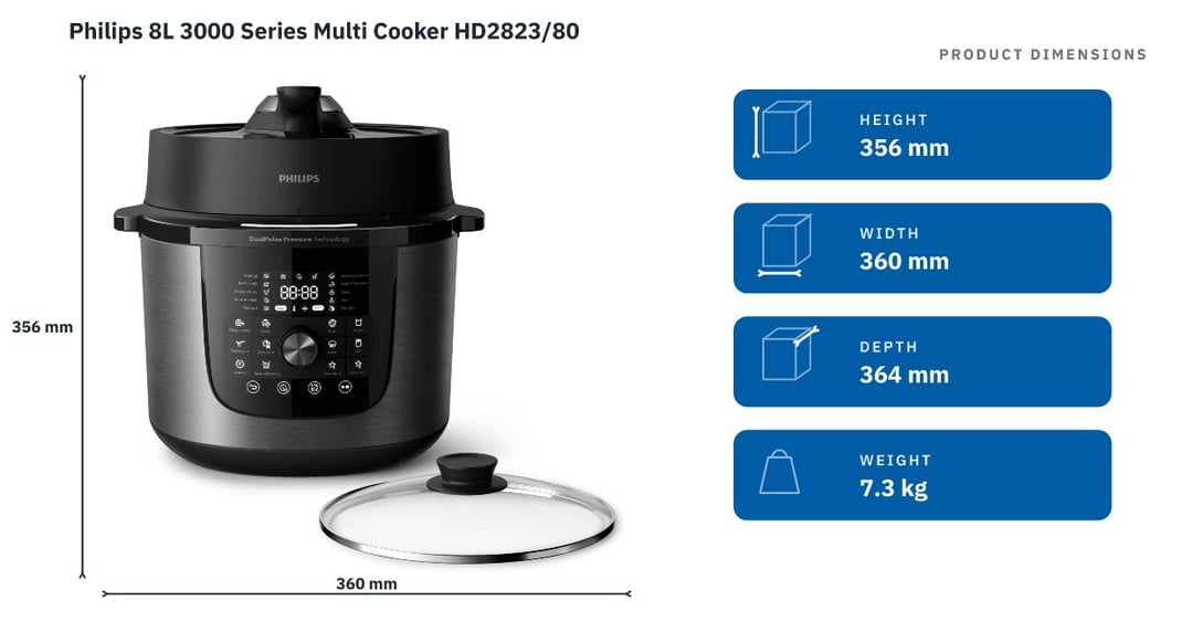 Philips 8L 3000 Series Multi Cooker HD2823/80 — product dimensions