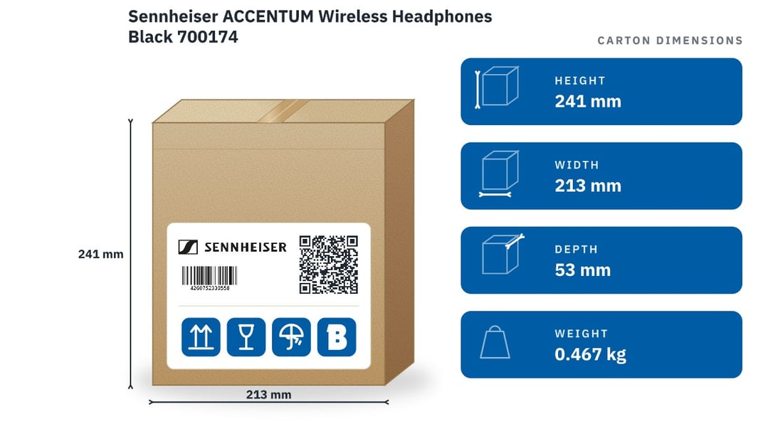 Sennheiser ACCENTUM Wireless Headphones Black 700174 — packaged dimensions
