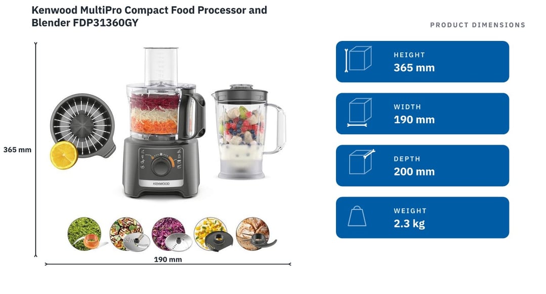 Kenwood MultiPro Compact Food Processor and Blender FDP31360GY — product dimensions