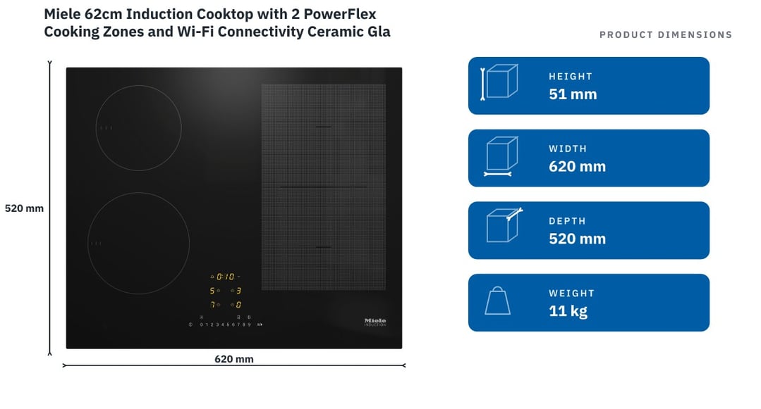 Miele 62cm Induction Cooktop with 2 PowerFlex Cooking Zones and Wi-Fi Connectivity Ceramic Glass KM7464FL — product dimensions
