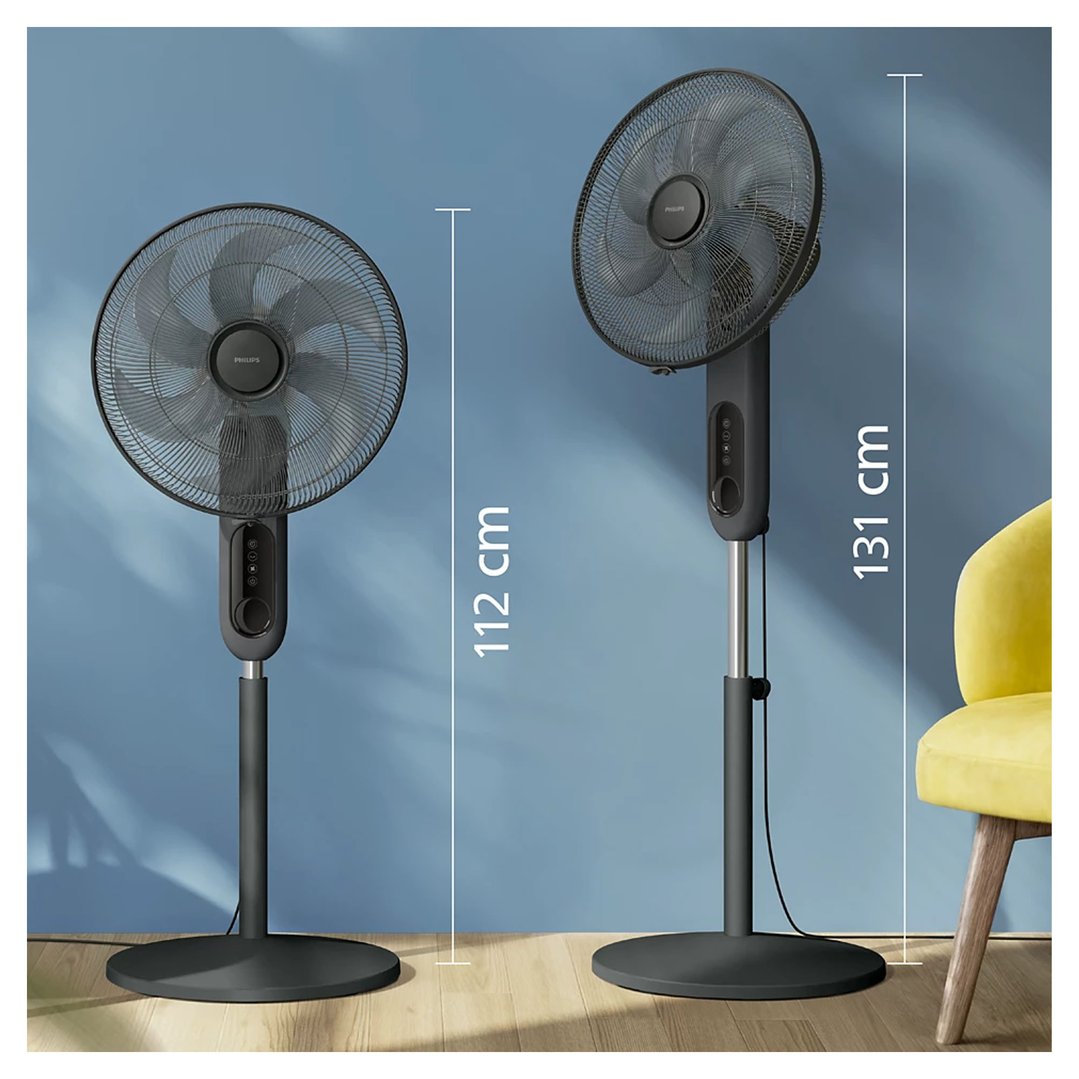 Two PHILIPS pedestal fans in a room, showing different heights and angles