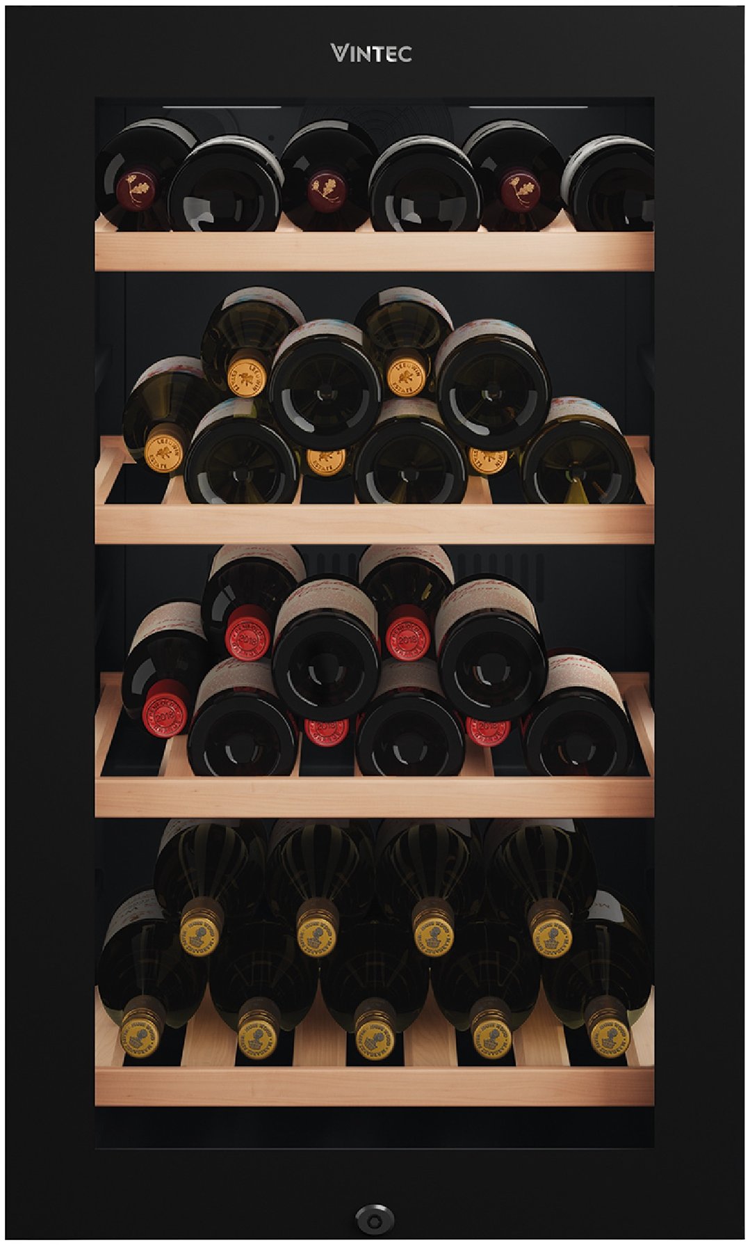 VINTEC wine cabinet filled with multiple bottles of red wine