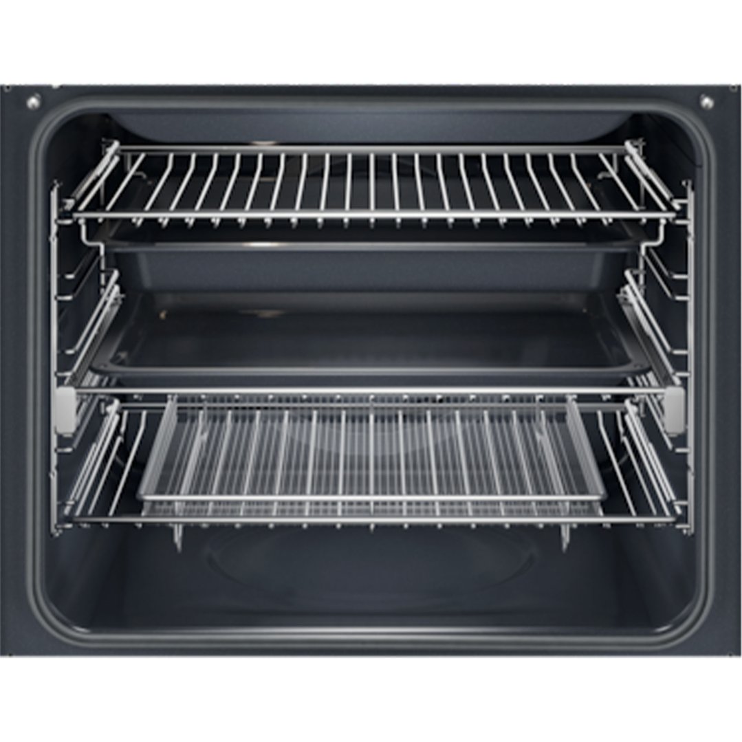 Interior view of an oven with racks and baking trays