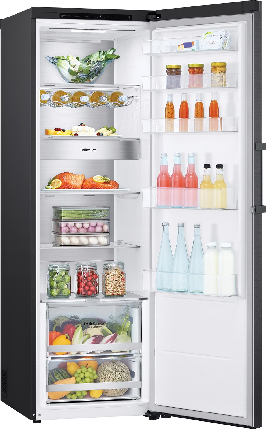 Open single door fridge in matte black, filled with food and drinks