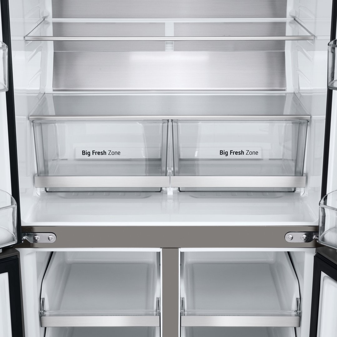 Interior of a French door fridge with shelves and two crisper drawers