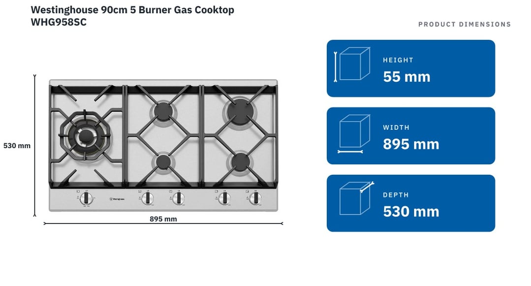 Westinghouse 90cm 5 Burner Gas Cooktop WHG958SC — product dimensions