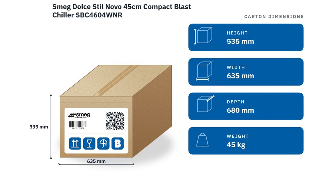 Smeg Dolce Stil Novo 45cm Compact Blast Chiller SBC4604WNR — packaged dimensions