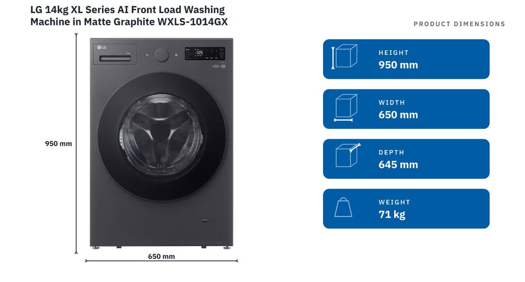 LG 14kg XL Series AI Front Load Washing Machine in Matte Graphite WXLS-1014GX — product dimensions