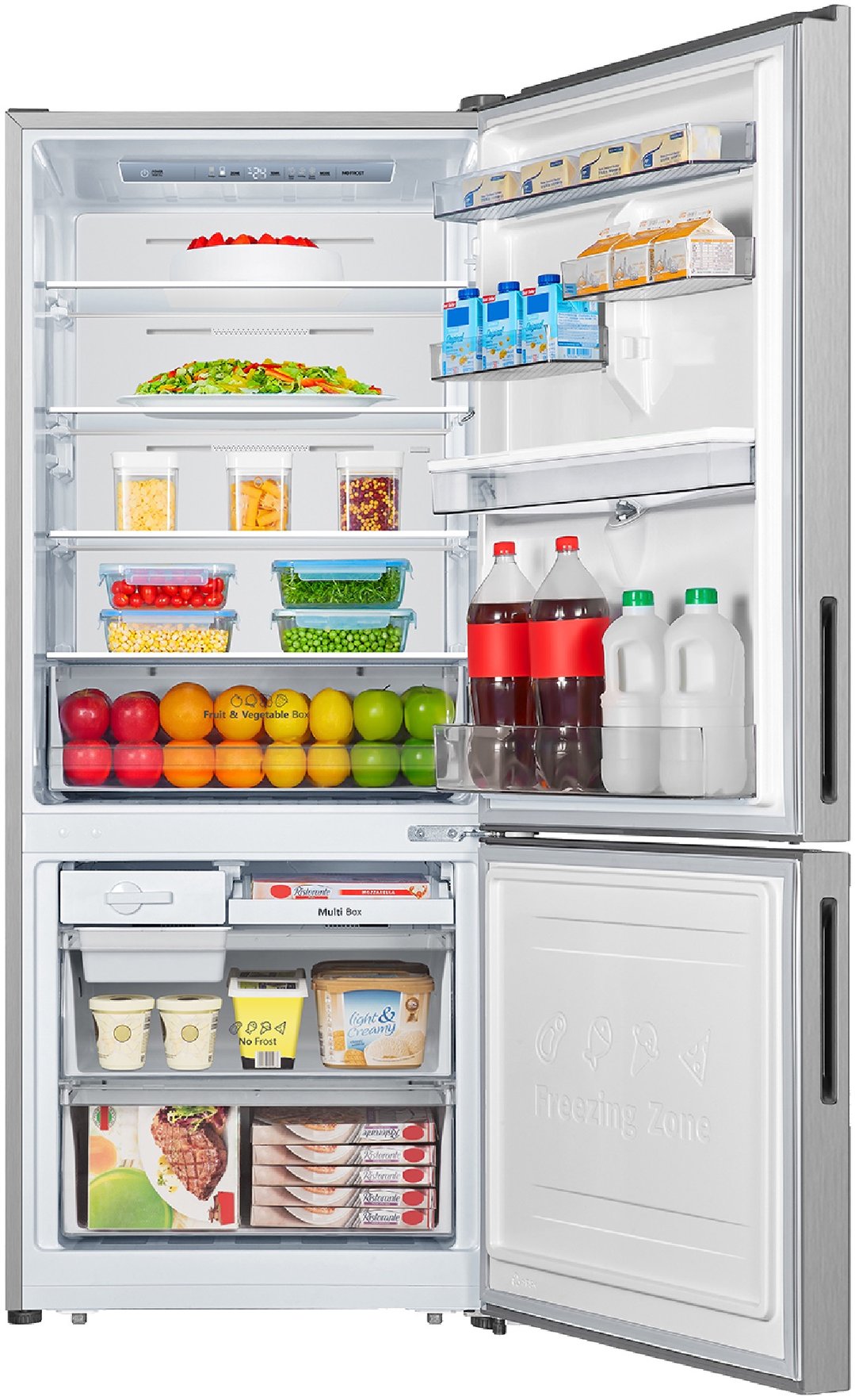 Open bottom mount fridge with food and drinks on shelves and in drawers