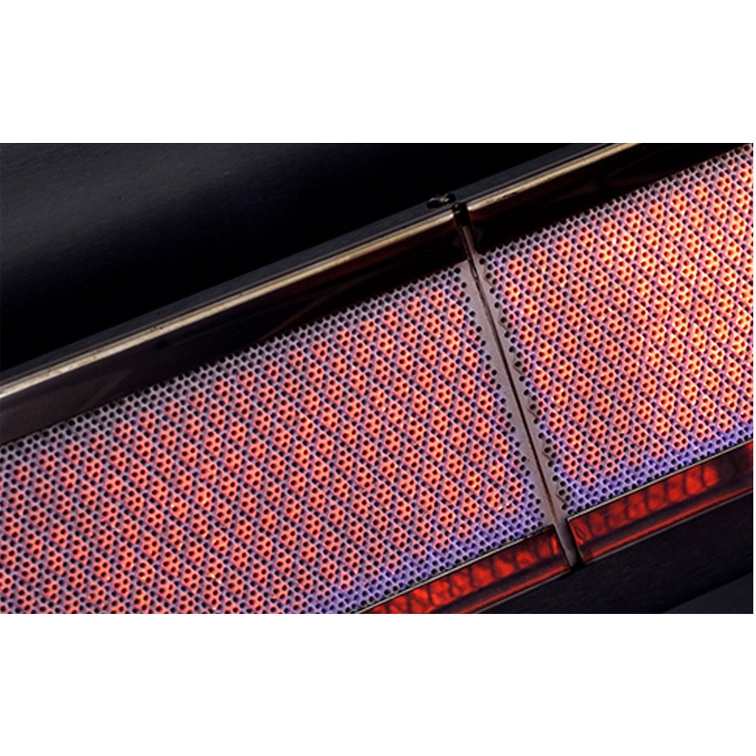Close-up of the XPlor 4 Burner Gas BBQ's infrared burners glowing red and purple