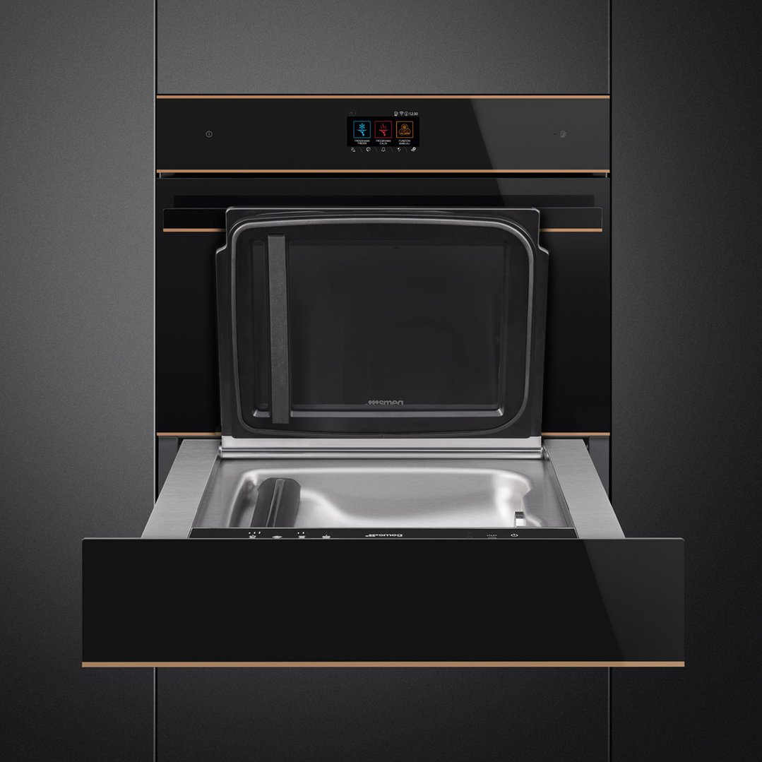 Built-in blast chiller with its door open, showing the interior and control panel