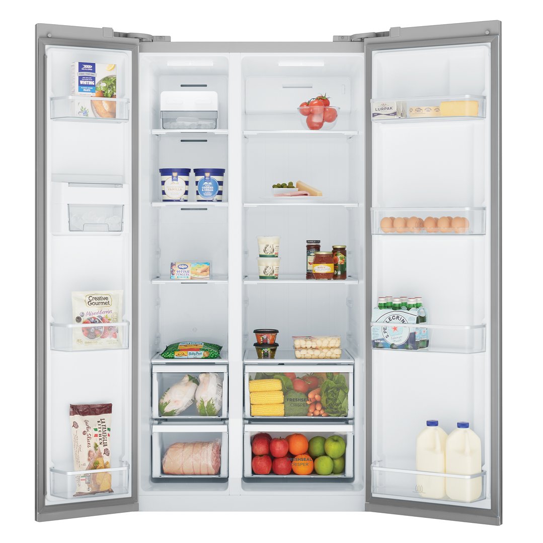 Open side-by-side refrigerator filled with various food items and drinks