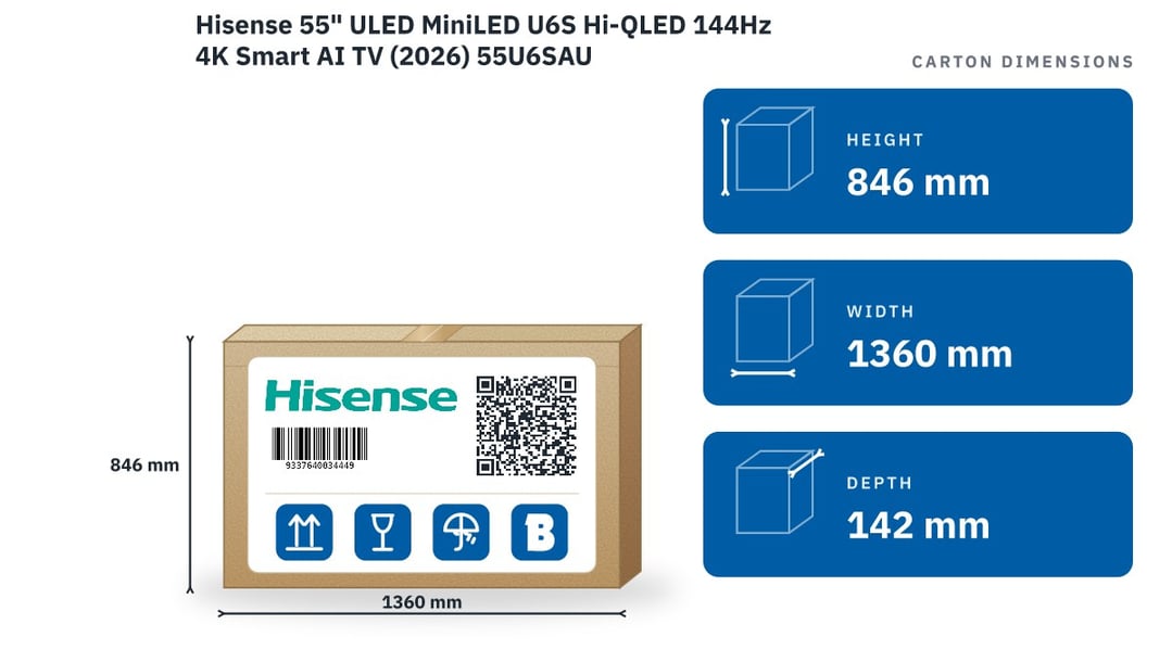 Hisense 55" ULED MiniLED U6S Hi-QLED 144Hz 4K Smart AI TV (2026) 55U6SAU
