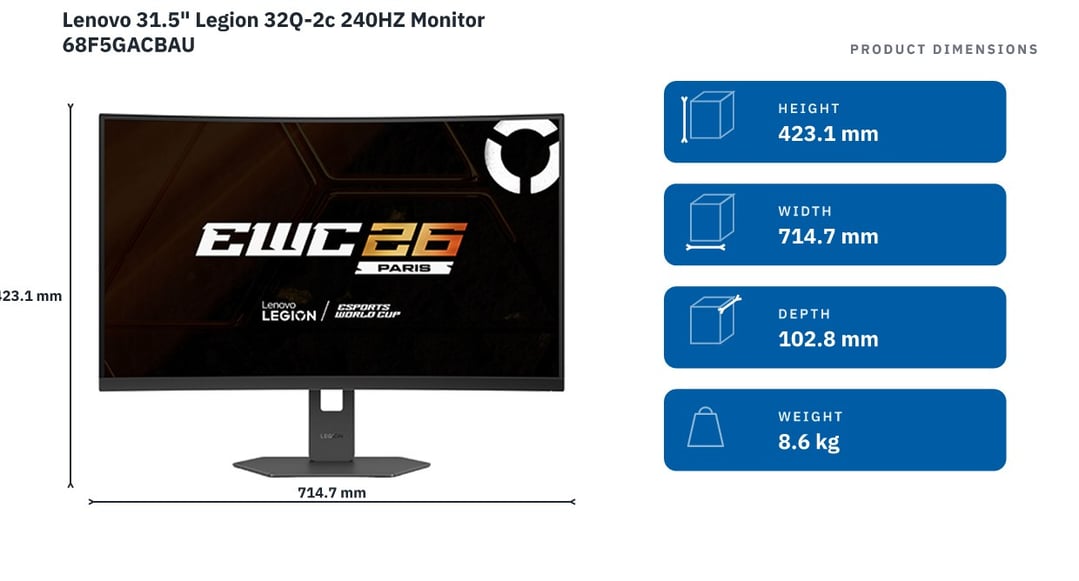 Lenovo 31.5" Legion 32Q-2c 240HZ Monitor 68F5GACBAU — product dimensions