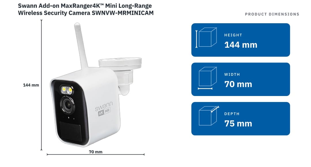 Swann Add-on MaxRanger4K™ Mini Long-Range Wireless Security Camera SWNVW-MRMINICAM — product dimensions