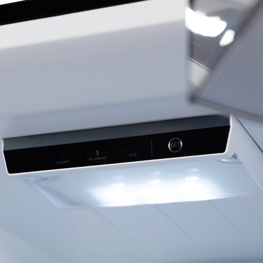 Close-up of a fridge's internal control panel with LED lighting