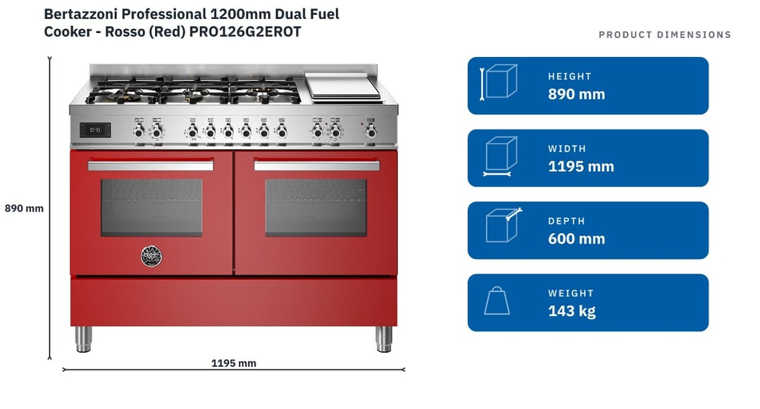 Bertazzoni Professional 1200mm Dual Fuel Cooker - Rosso (Red) PRO126G2EROT — product dimensions