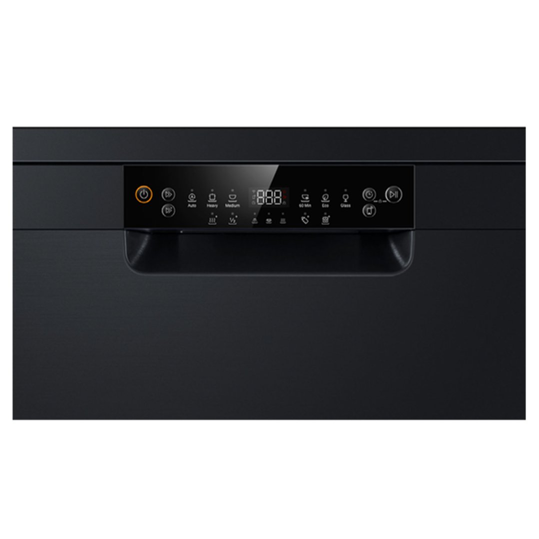 Close up of the control panel of a black dishwasher