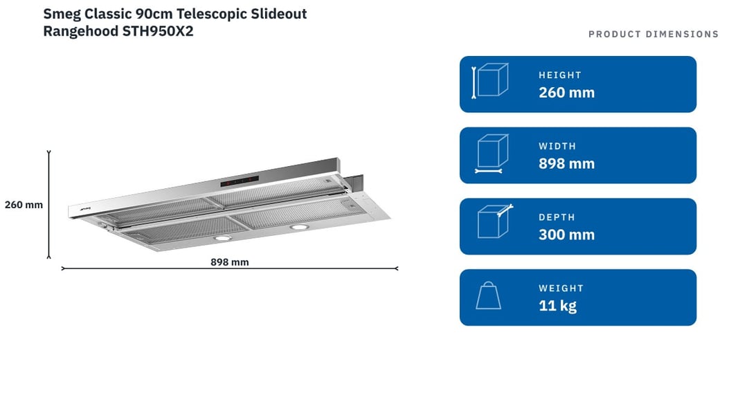 Smeg Classic 90cm Telescopic Slideout Rangehood STH950X2 — product dimensions