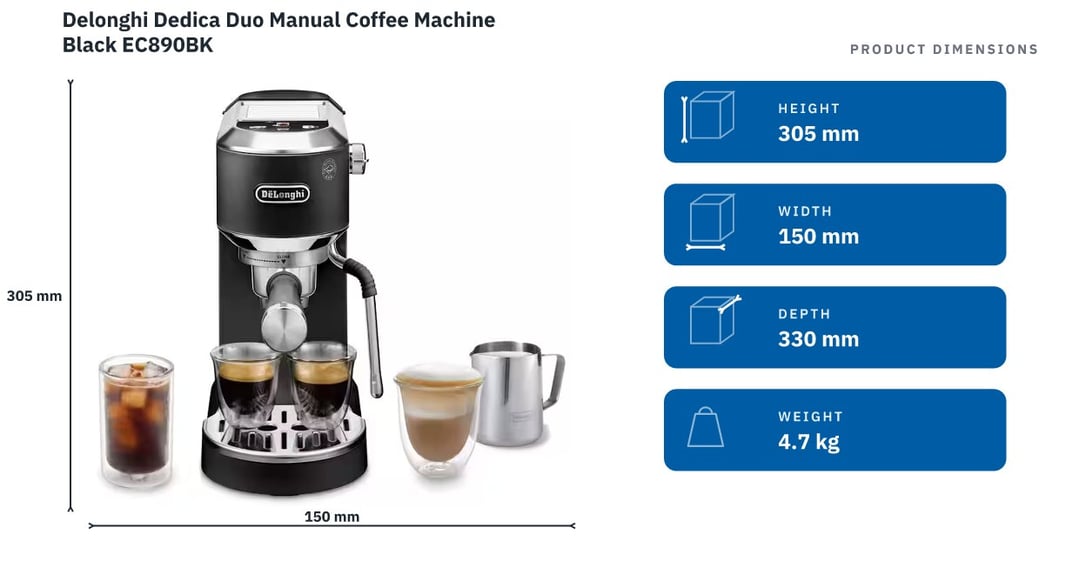 Delonghi Dedica Duo Manual Coffee Machine Black EC890BK — product dimensions
