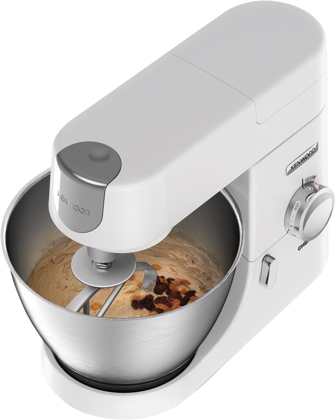 White Kenwood Chef 4.6L mixer with dough and raisins in the bowl