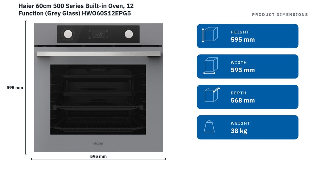 Haier 60cm 500 Series Built-in Oven, 12 Function (Grey Glass) HWO60S12EPG5 — product dimensions