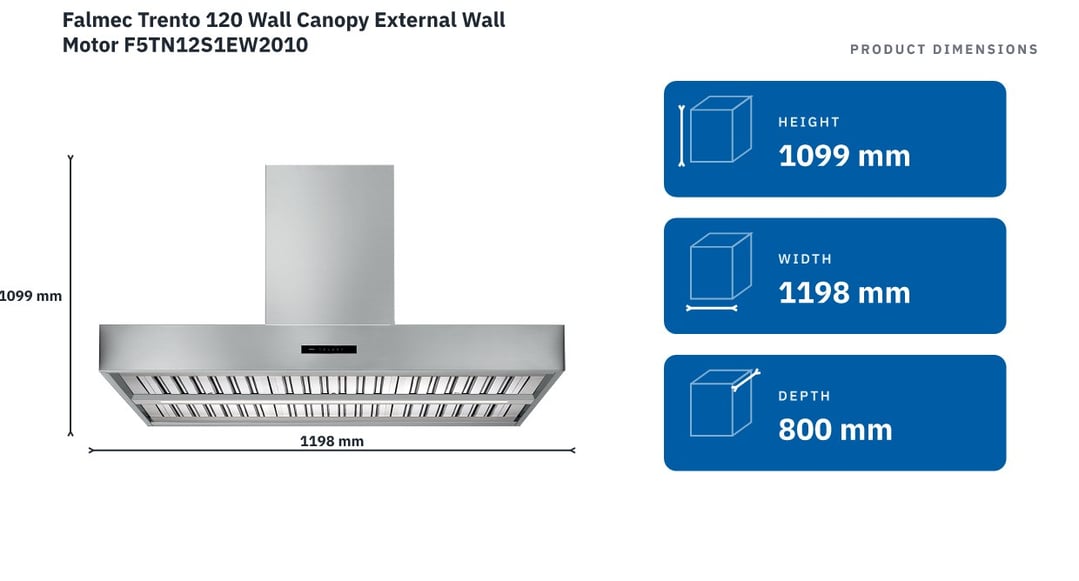 Falmec Trento 120 Wall Canopy External Wall Motor F5TN12S1EW2010 — product dimensions