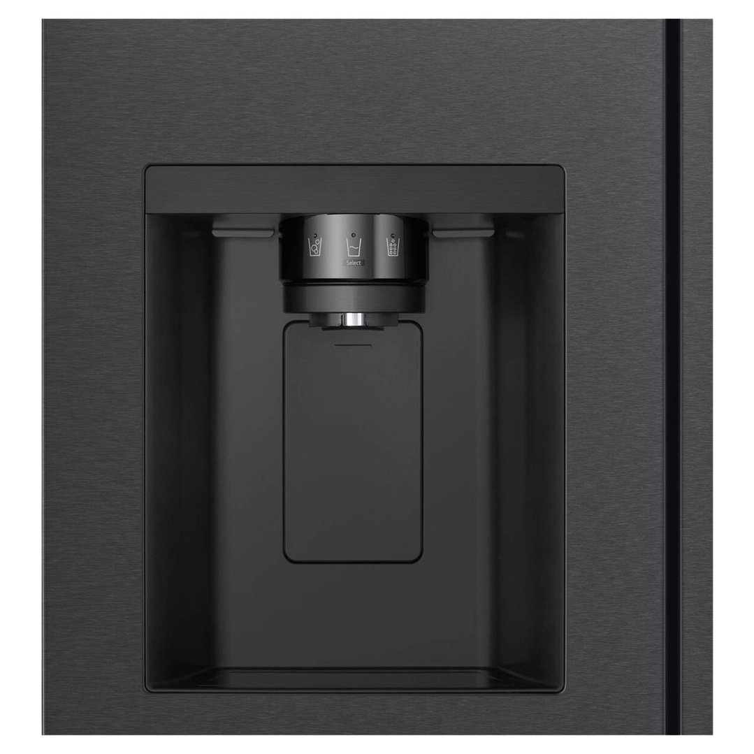 Close up of the matte black fridge's water and ice dispenser