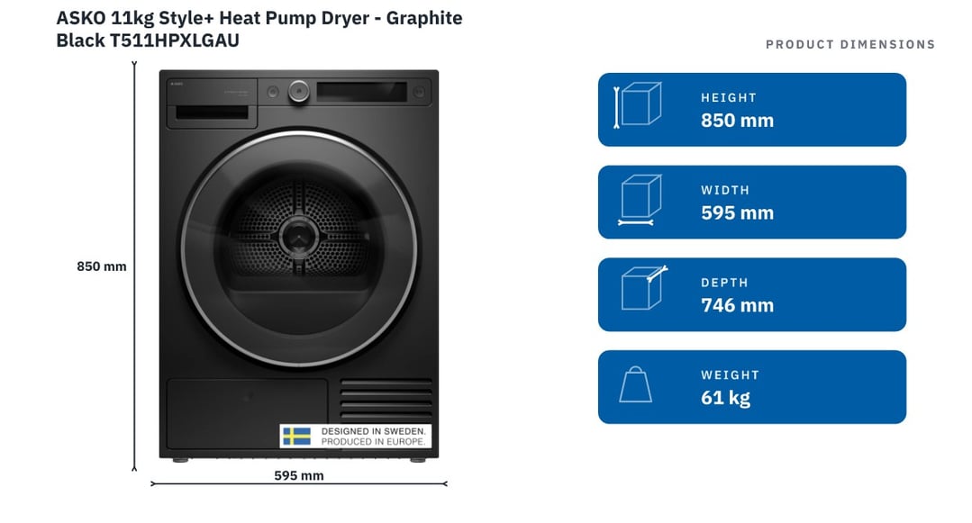 ASKO 11kg Style+ Heat Pump Dryer - Graphite Black T511HPXLGAU