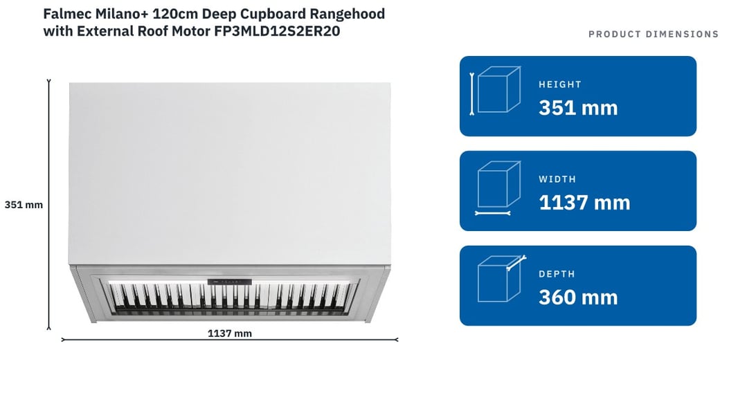 Falmec Milano+ 120cm Deep Cupboard Rangehood with External Roof Motor FP3MLD12S2ER20 — product dimensions