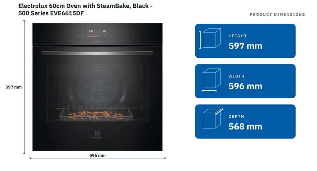 Electrolux 60cm Oven with SteamBake, Black - 500 Series EVE6615DF — product dimensions