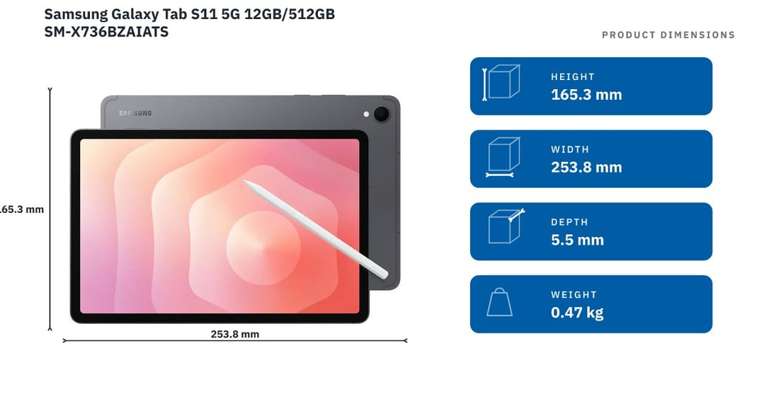 Samsung Galaxy Tab S11 5G 12GB/512GB SM-X736BZAIATS — product dimensions