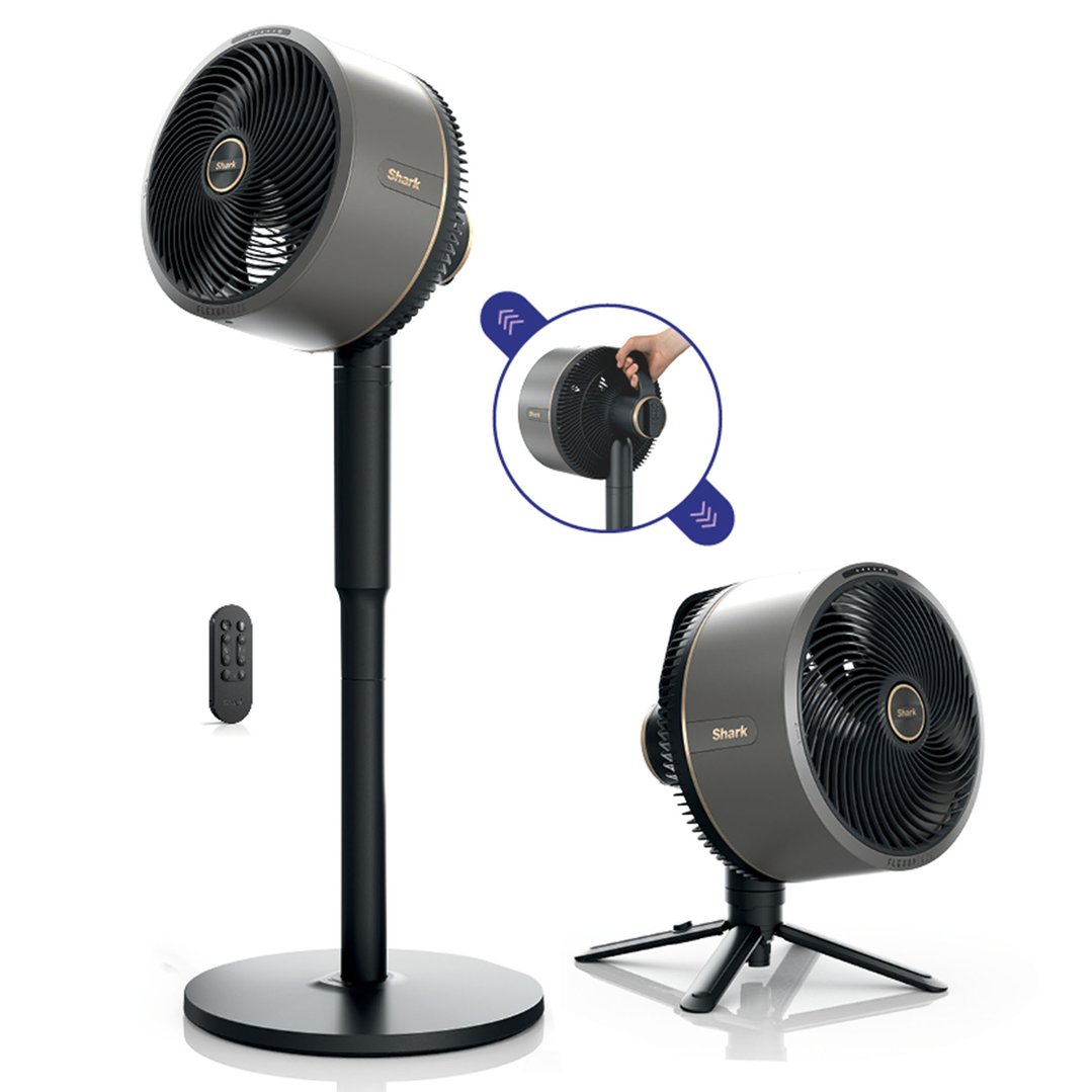 Shark FlexBreeze fan in two configurations with remote control on white background
