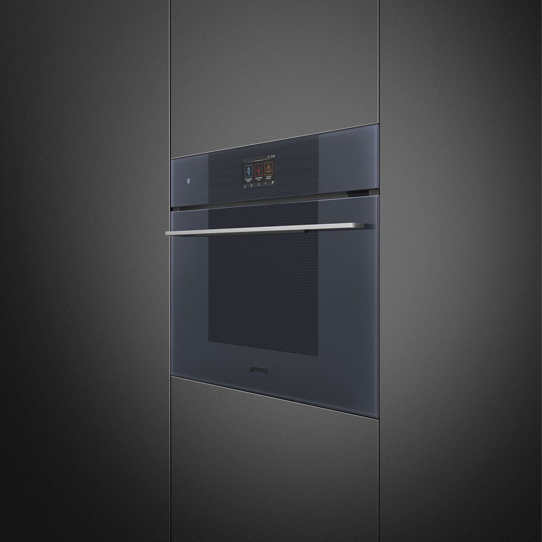 Linea Compact Blast Chiller in Neptune Grey built into dark cabinetry