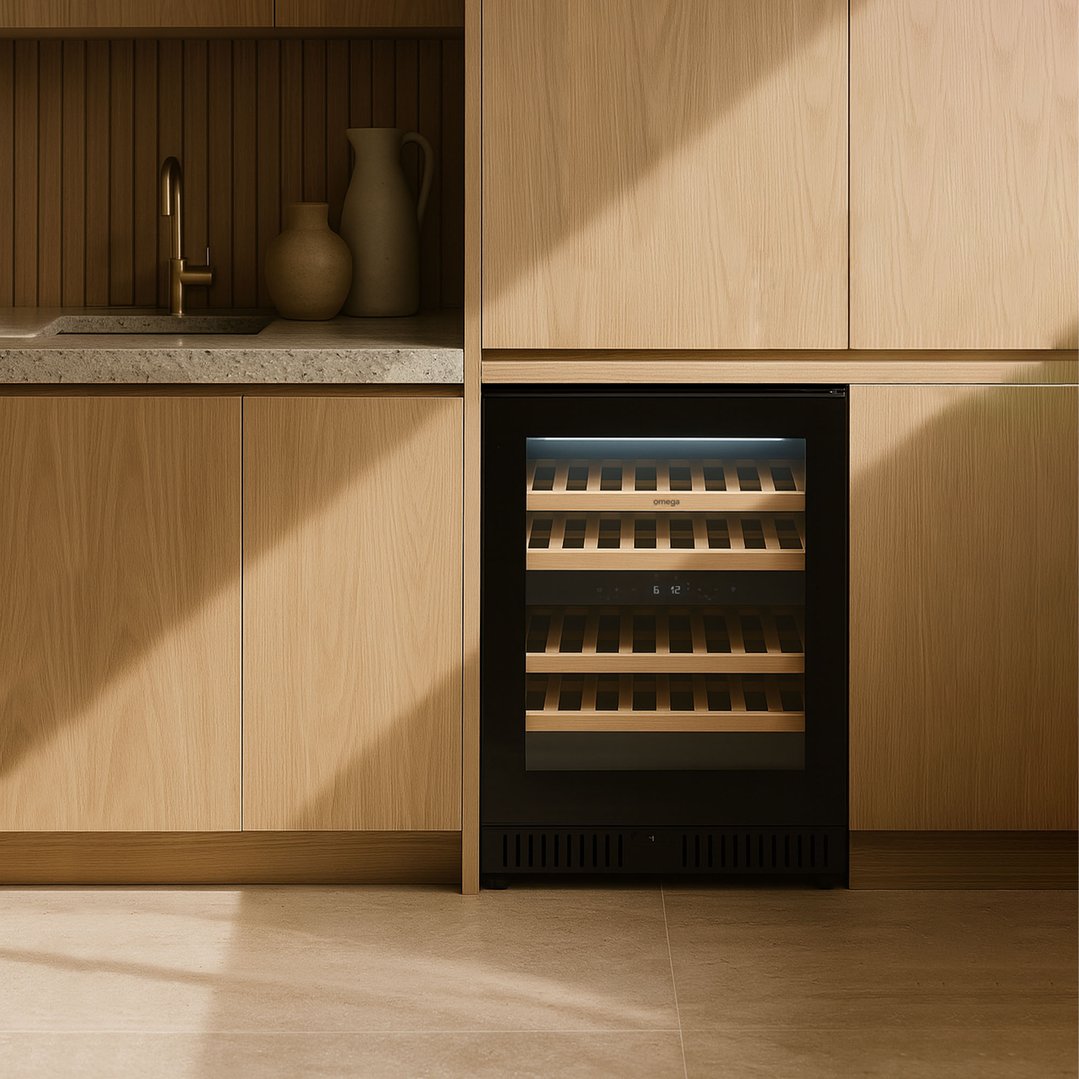 Built-in wine cabinet in a modern kitchen with wooden cabinetry and stone countertop