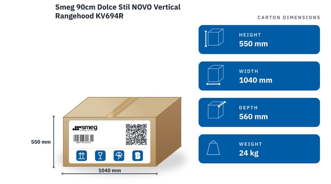 Smeg 90cm Dolce Stil NOVO Vertical Rangehood KV694R — packaged dimensions